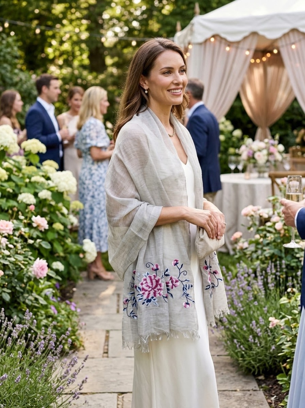 Made in Scotland 60% Wool 40% Silk Light Gray Embroidered Shawl